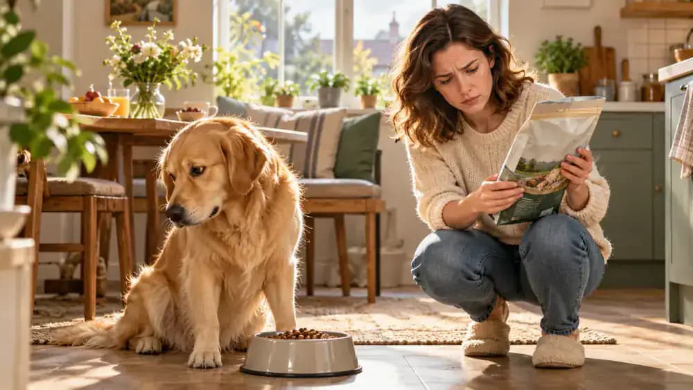 Golden Retriever turning away from a full ceramic food bowl in a kitchen while its owner examines an opened food package and handwritten opening-date label, with a phone showing veterinary clinic contact information nearby.