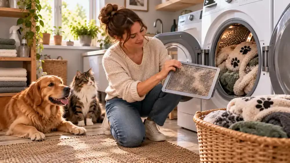 Pet blanket in dryer beside a lint screen covered with loose fur