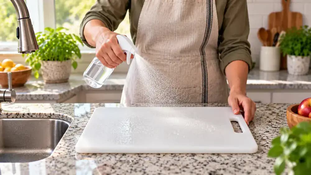 Plastic cutting board beside a sink being sprayed with food-safe sanitizer while a hand checks the care label and a phone timer tracks contact time.