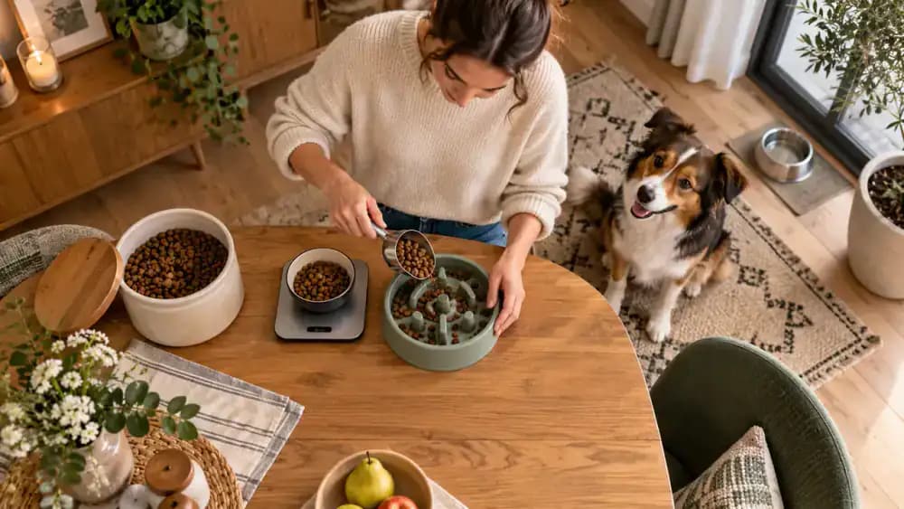 Owner measuring dog food before dividing it between bowl and puzzle feeder