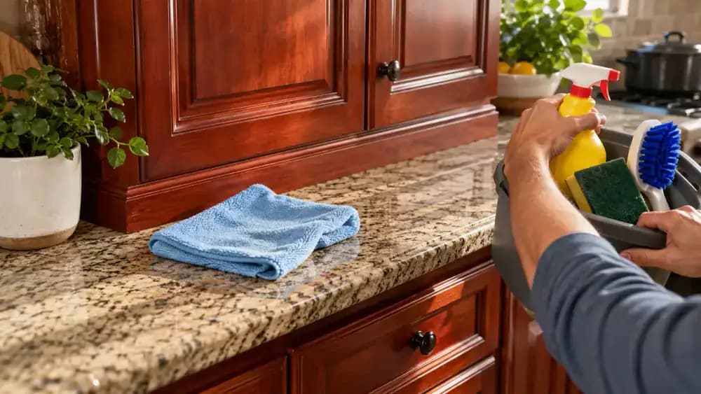 Overhead three-quarter view of cherry wood kitchen cabinets beside a countertop where an adult moves a tray holding strong degreaser, an abrasive scrubbing pad, and a stiff brush away from the wood while preparing a lightly dampened microfiber cloth and mild soap solution.