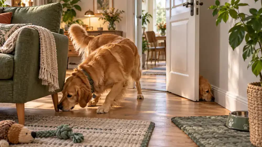 Dog searching several low food hiding spots around a living room