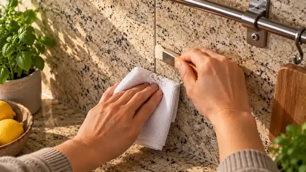 Top-down close-up of a hand cleaning a single grout border beside a natural stone panel with a soft detailing brush while microfiber cloths catch residue and dry the grout line.