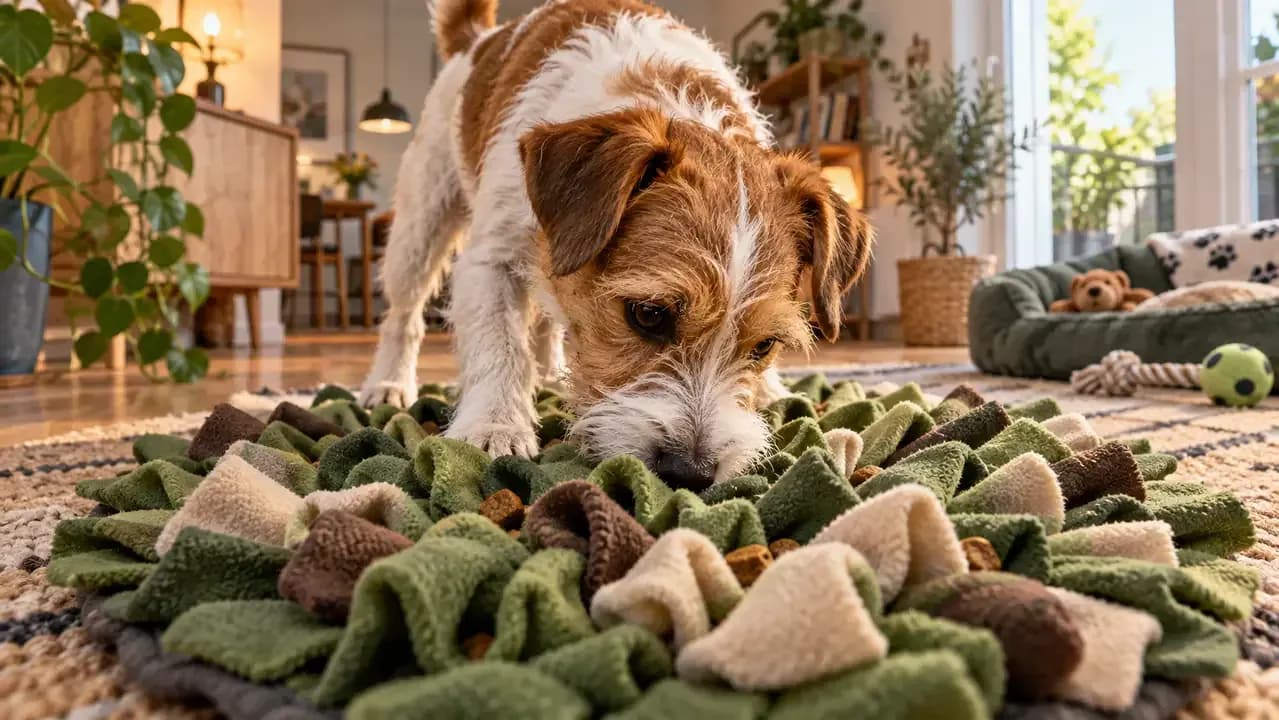 Dachshund searching for scattered kibble on a clean tiled kitchen floor