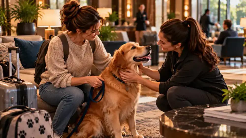 Traveler planning sightseeing activities and pet care arrangements on a tablet in a hotel room, speaking with a prospective pet sitter by phone, and meeting the caregiver while a golden retriever rests nearby.