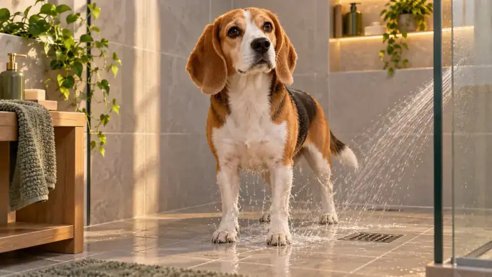 Handheld shower gently wetting a beagle's lower legs in a tiled shower while the dog's face and ears remain dry.