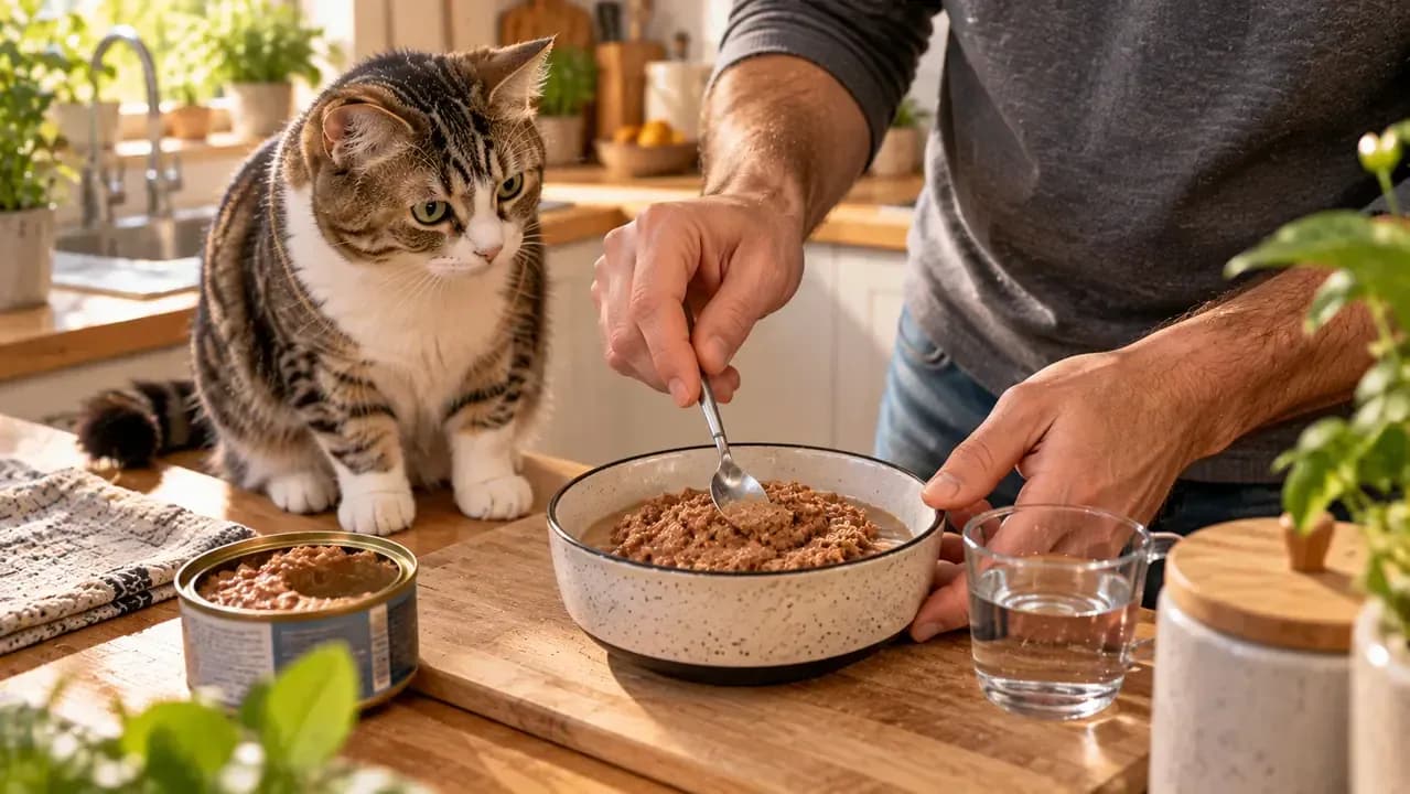 Owner mixing a small spoonful of water into wet cat food