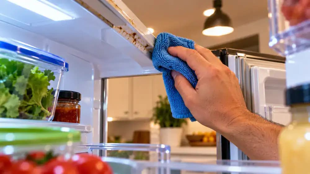 View from inside an open refrigerator showing a hand wiping dried food residue and fingerprints from the white metal cabinet frame with a lightly dampened microfiber cloth, avoiding a nearby door switch.