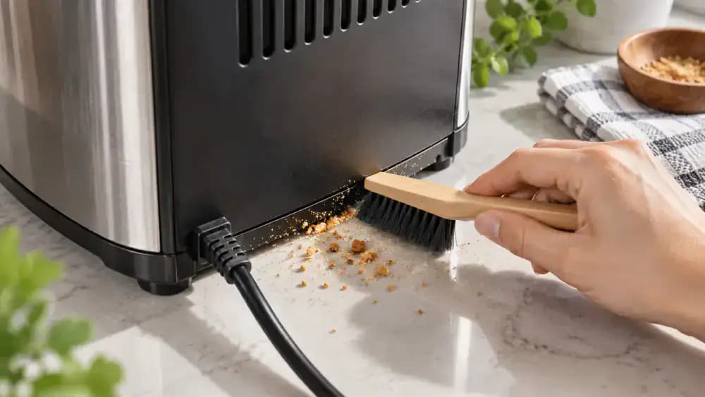 Overhead close-up of a hand brushing stubborn crumbs from a dry recessed seam on the rear edge of an unplugged appliance while avoiding nearby vent slots.