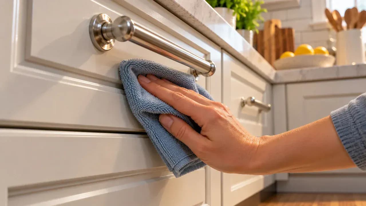 Dry microfiber cloth wiping moisture from a freshly cleaned painted cabinet door beneath the handle while avoiding seams and recessed corner joints.