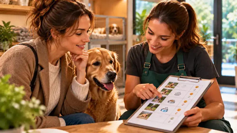 Boarding caregiver reviewing a completed pet observation report with an owner, including meal records, sleeping patterns, activity participation, and behavior notes, followed by the owner updating a pet care journal.