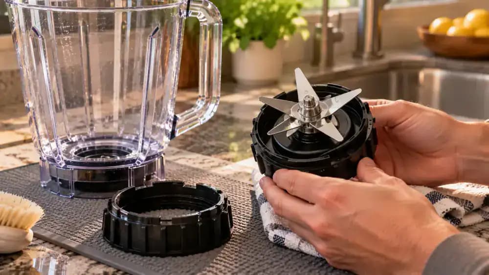Close-up of adult hands safely removing a manufacturer-approved detachable blender blade assembly by its external plastic locking collar, with the transparent jar supported on a pale blue nonslip silicone mat and fingers kept away from sharp metal blades.