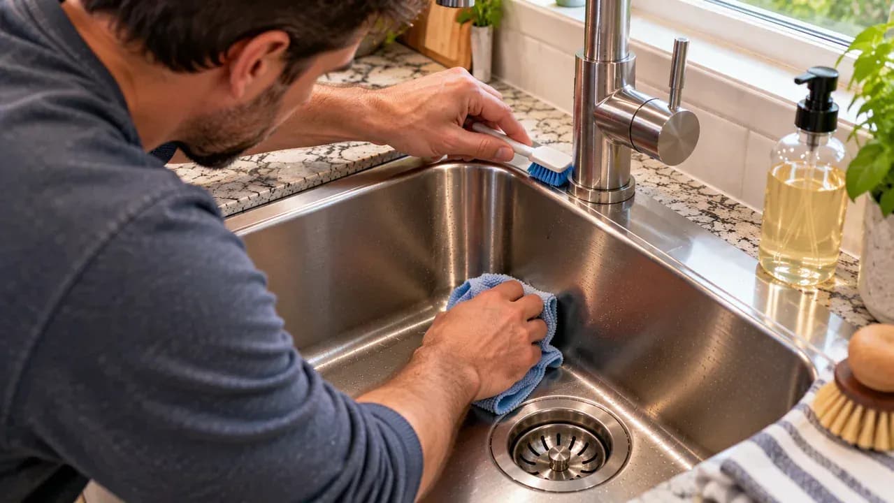 Adult homeowner using a damp microfiber cloth around the faucet base and a small soft brush along the drain lip and sink corner to remove grease from tight areas.