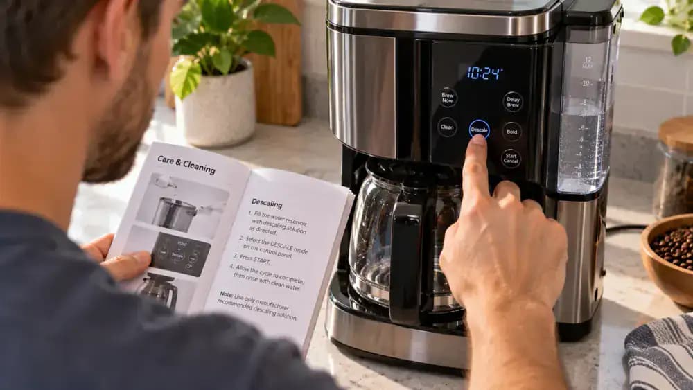 Close-up of a coffee maker control panel as a fingertip follows manufacturer descaling instructions, selects the specified cleaning cycle, and presses start with the carafe positioned below.