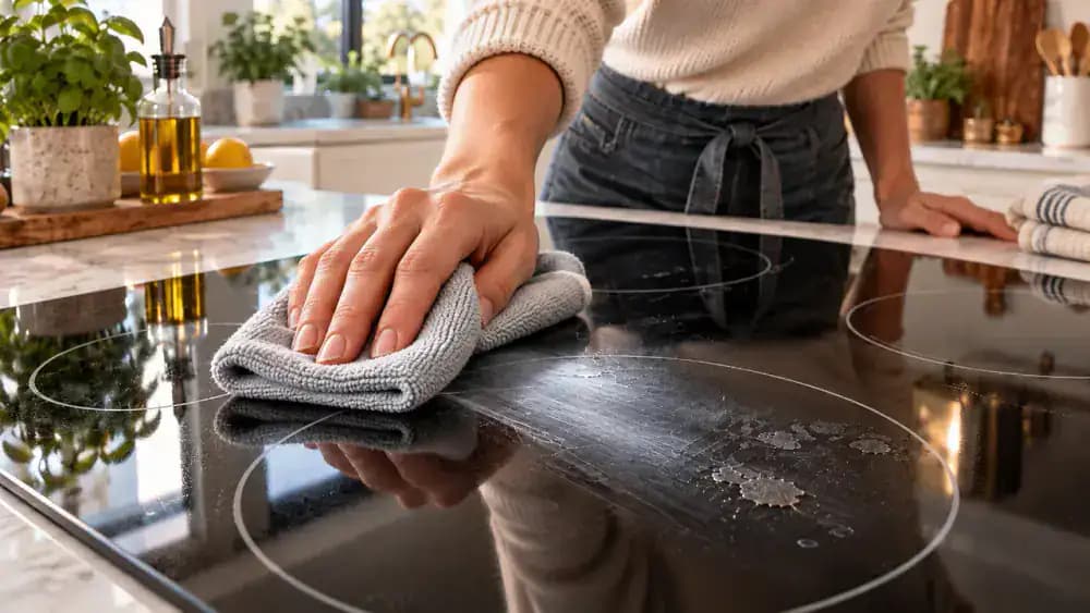 Close-up of a black glass-ceramic electric cooktop as a hand gently wipes a faint cloudy streak near the front burner with a folded white microfiber cloth, avoiding a separate hardened deposit near the rear-left burner.