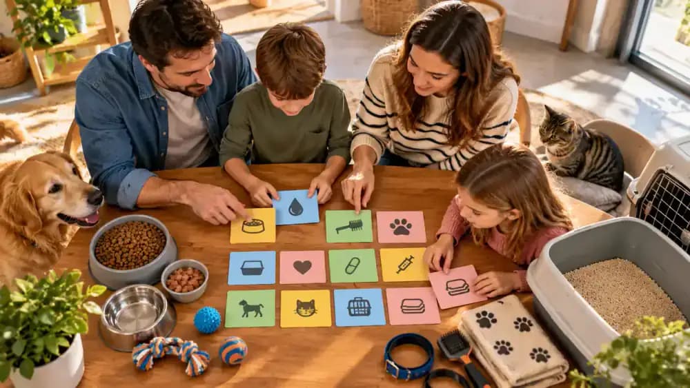 Family members organizing cat litter box cleaning duties on a magnetic weekly chart at a dining table, with color-coded assignments, completed checkboxes, a supply reminder, and written instructions for a pet sitter.