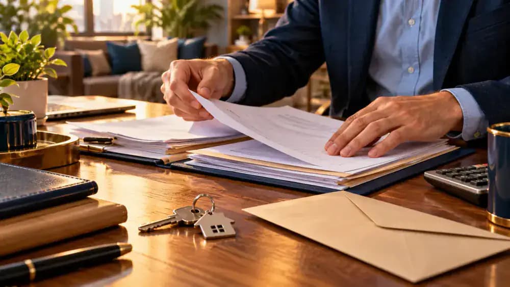 Hands organizing legal settlement papers beside apartment keys, illustrating consumer compensation and landlord accountability.