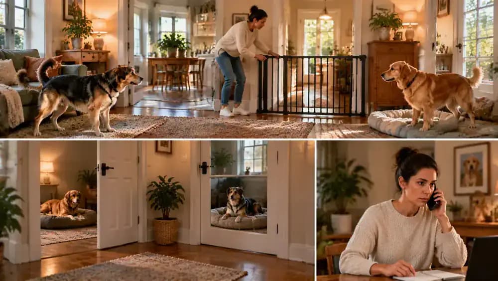 Owner maintaining a safe distance from two tense dogs while moving toward a sturdy barrier, followed by the dogs separated behind secure doors and the owner contacting veterinary and behavior professionals.