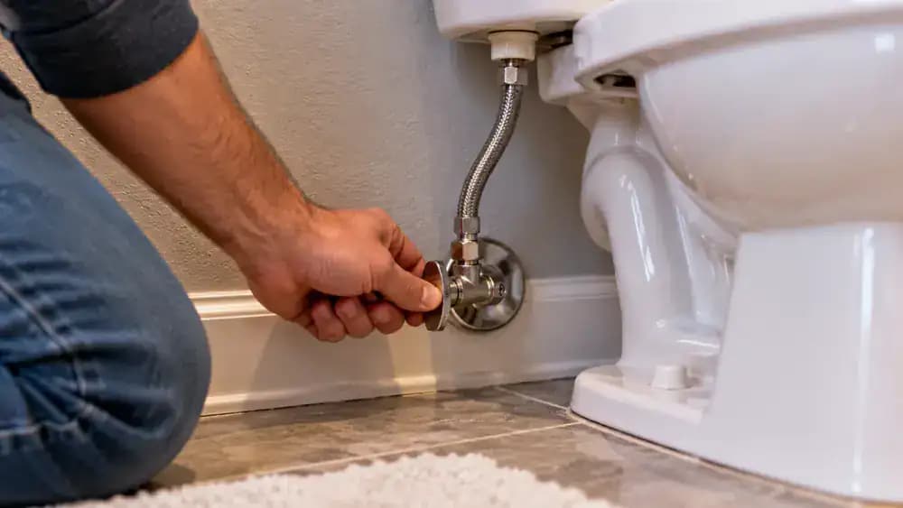 Homeowner kneeling on a dry bathroom floor and gently turning a traditional metal toilet water supply shutoff valve clockwise by hand, with a braided supply line connected beneath the white porcelain toilet tank.