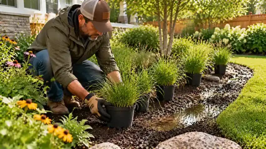 Homeowner arranging potted moisture-tolerant native plants and sedges along a damp suburban garden bed, comparing nursery plant labels and checking spacing before planting, with a wet lawn in the background.