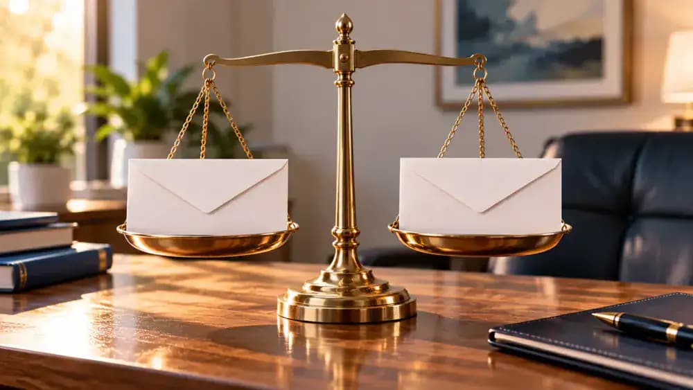 Balanced tabletop scale holding two blank financing envelopes representing competing loan options.