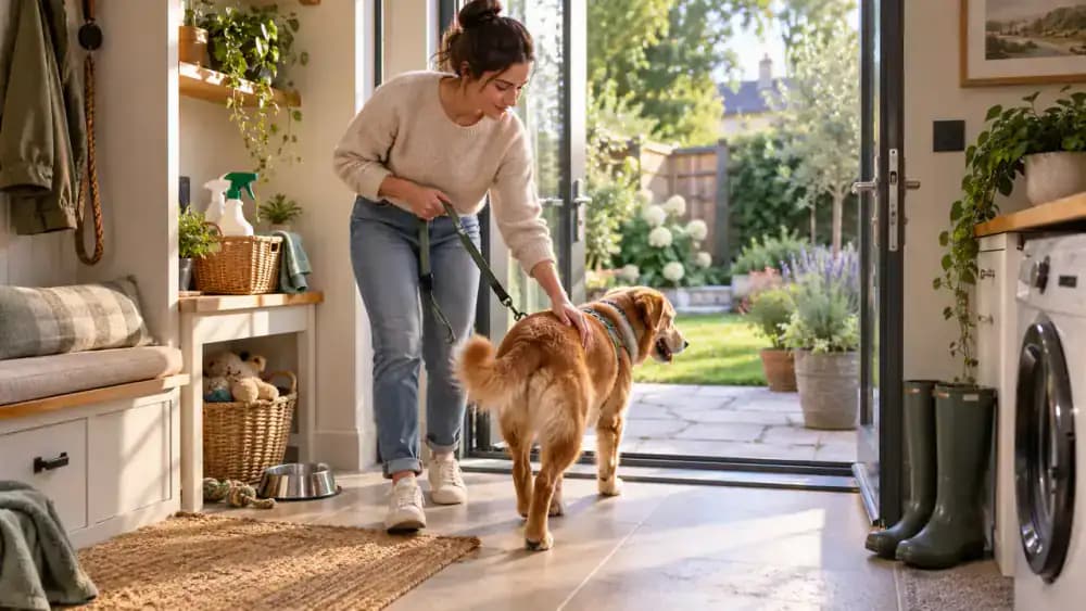 Dog being calmly taken outside with enzymatic cleaner stored near the door