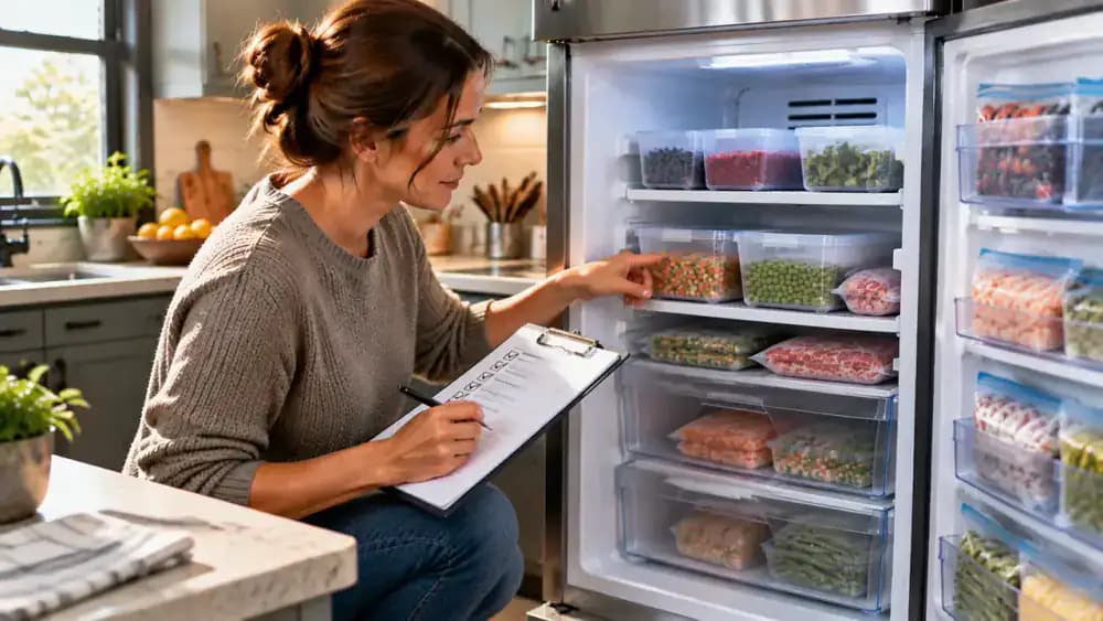 Homeowner reviewing a freezer maintenance checklist beside an organized freezer interior with clean shelves and storage areas