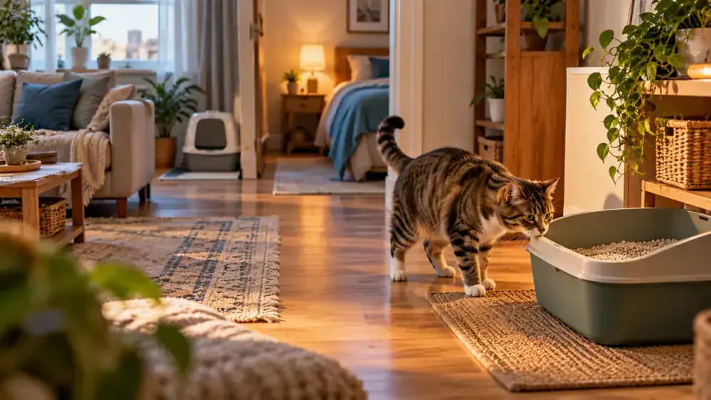 Cat investigating and eventually using a second litter box in a new apartment location while the original box remains available, with an owner monitoring both boxes over several days.