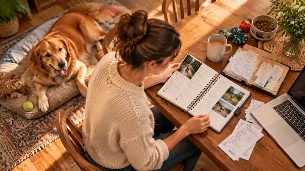 Pet owner reviews a care journal with notes about exercise, sleep, feeding, expenses, and behavior while the adopted animal rests comfortably nearby.