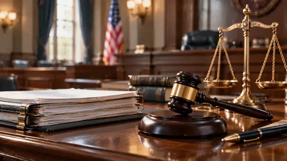 Legal documents and a judge's gavel on a polished courtroom desk.