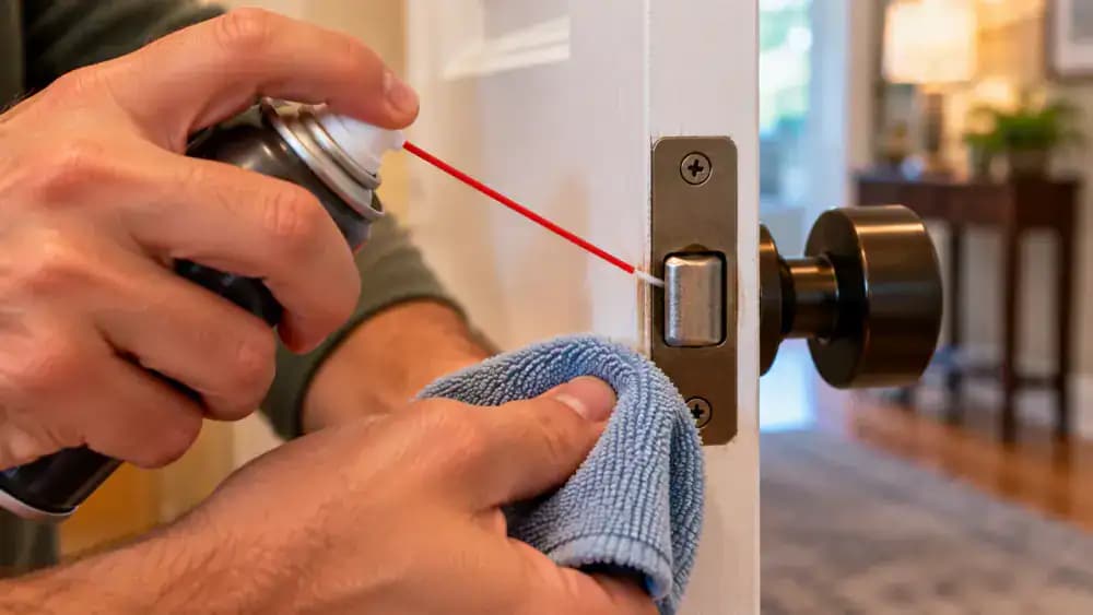 Homeowner gently closing a white interior door using a brushed nickel lever handle in an American home hallway, checking the latch alignment, narrow frame clearance, and pencil-marked rubbing point near the lower latch-side edge.
