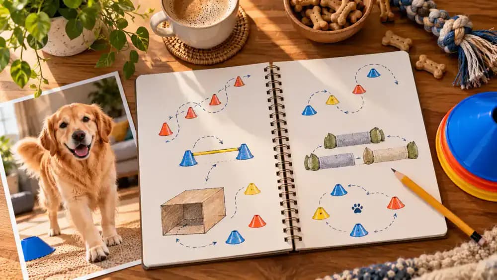 Open calendar displaying three different indoor dog enrichment activities, including gentle weaving turns, cardboard tunnel exploration, and a walking path, beside a notebook with the owner's observations.