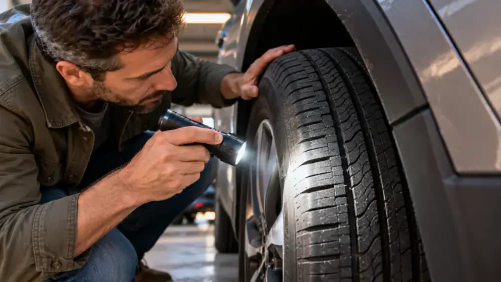 Driver crouching beside a parked crossover and using a flashlight to inspect tire tread grooves, with educational examples of uneven wear, a cut, and an embedded nail.