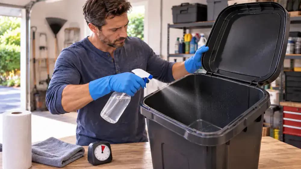 Gloved person drying the bottom seams and interior corners of an empty kitchen trash can with a clean microfiber towel while the lid remains open for airflow.