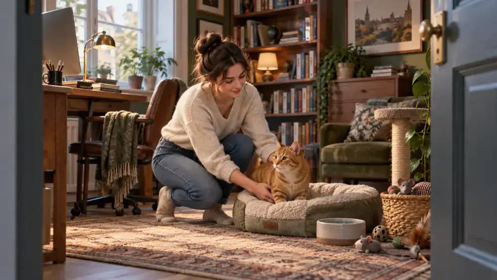 Woman guiding an orange tabby cat into a comfortable study with a water bowl, cushioned bed, and mouse toy, then closing the door before accepting a delivery box at the front entrance.