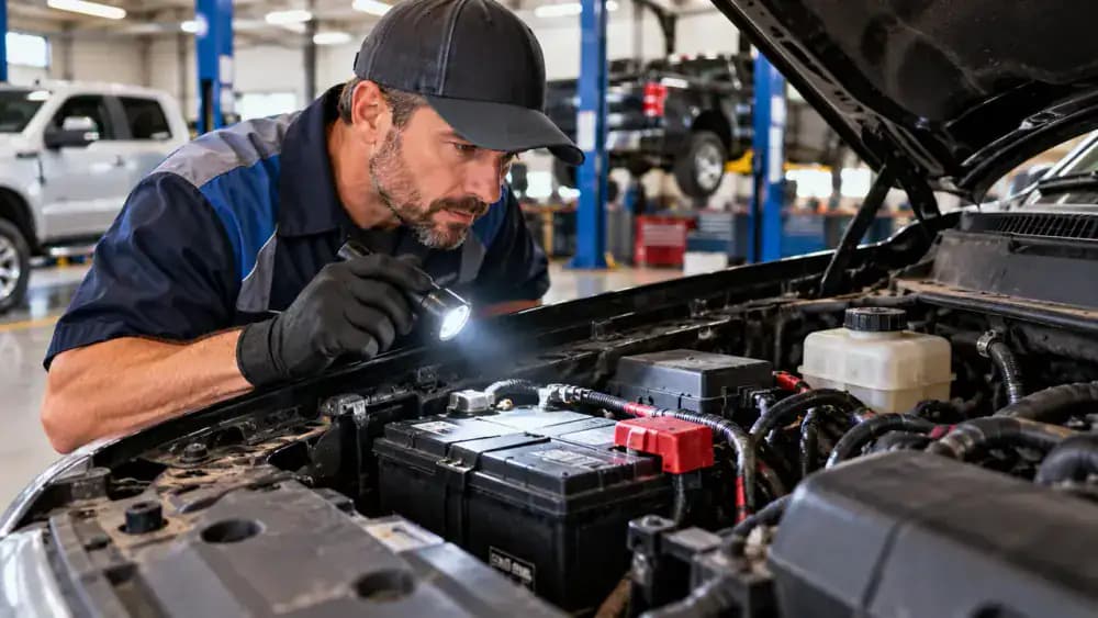 Automotive technician wearing protective eyewear and gloves visually inspecting a conventional 12-volt battery in a parked American pickup truck without touching its terminals.