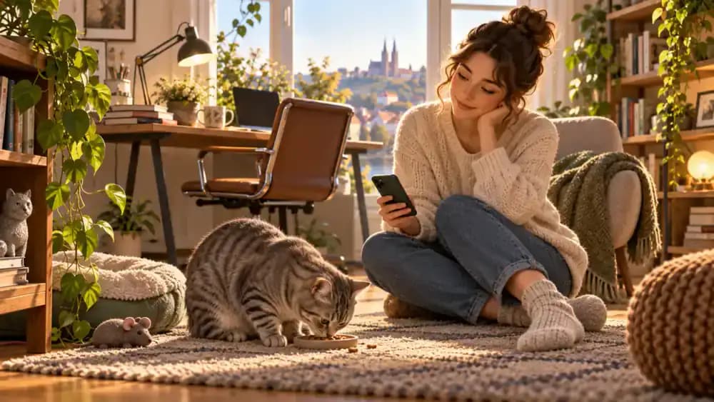 Daytime home office with an owner seated at a desk using a smartphone displaying an audio playback interface at low volume while a relaxed gray tabby eats treats from a shallow dish nearby, with no visitors present.