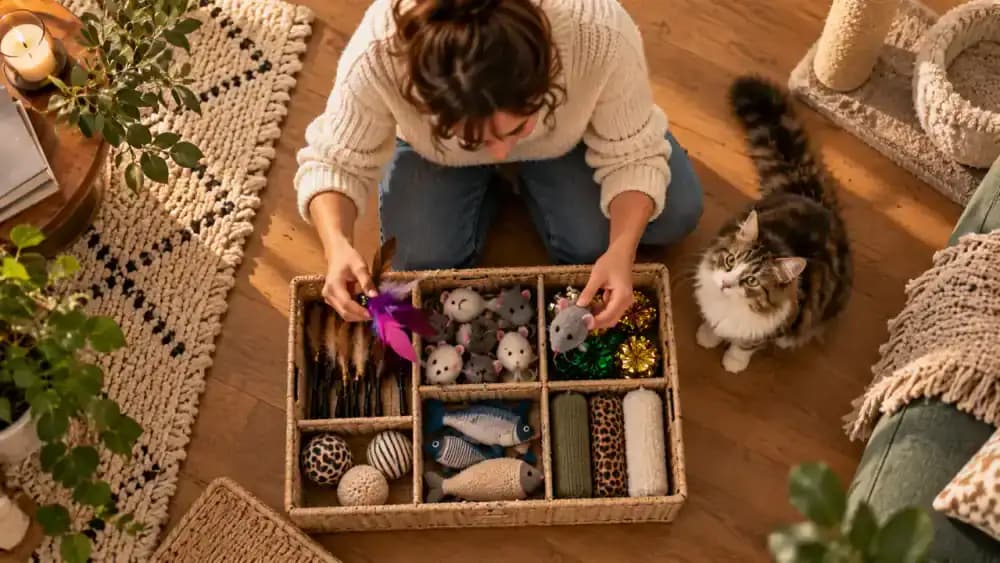 Organized drawer with several categories of cat toys