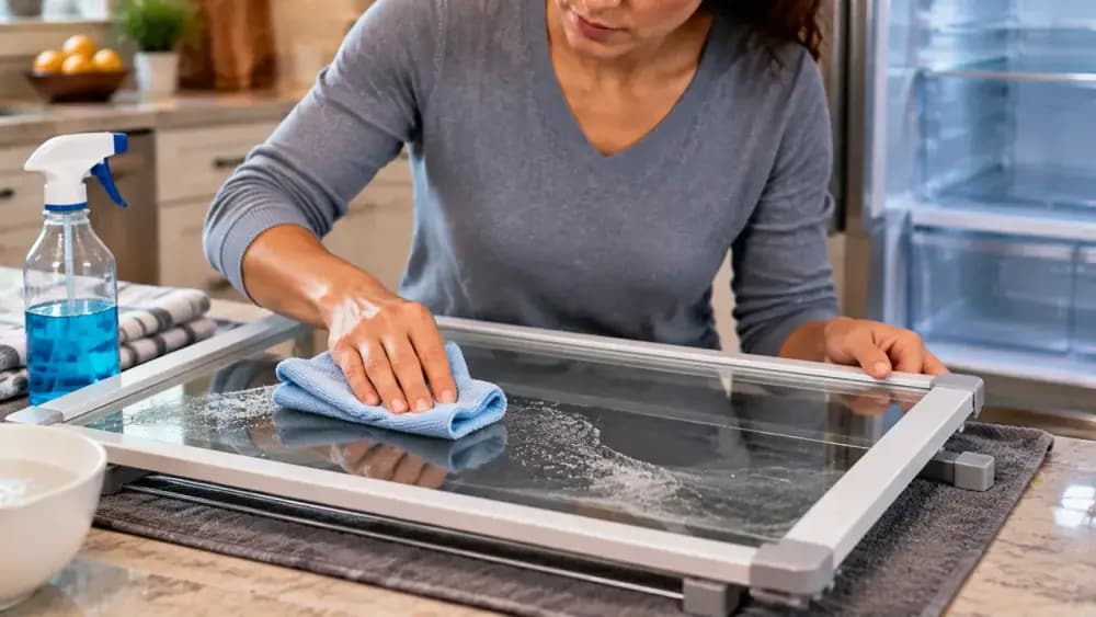 Person gently wiping a refrigerator glass shelf on a padded drying rack with a damp microfiber cloth and mild cleaner