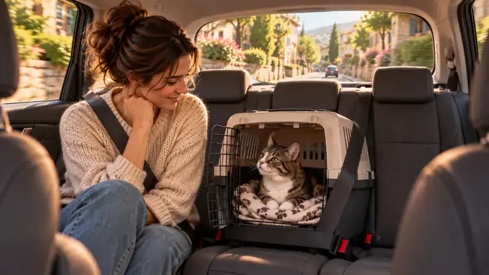 Cat traveling in a secured carrier during a slow drive through a quiet neighborhood