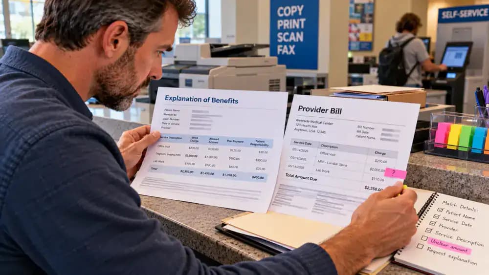 Adult at a self-service copy and shipping center comparing a fictional Explanation of Benefits with a provider bill, checking patient details, service date, claim reference, billed amount, and patient balance.