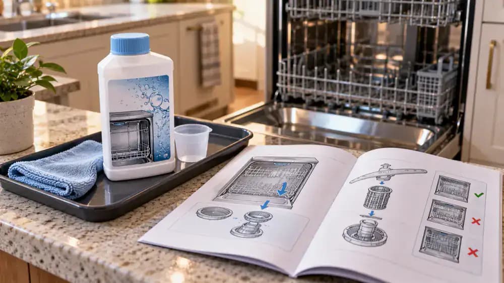 Close-up of a person comparing a sealed dishwasher descaler label with a printed appliance maintenance guide on a wooden utility cart, checking compatibility, dosage, and placement instructions beside a handwritten checklist.