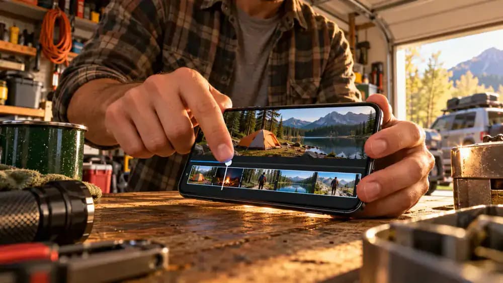 Adult reviewing a paused 12-minute family camping video on an Android smartphone, with a 4K indicator, 3.8 GB file size, and playback timeline visible in a bright garage hobby space.