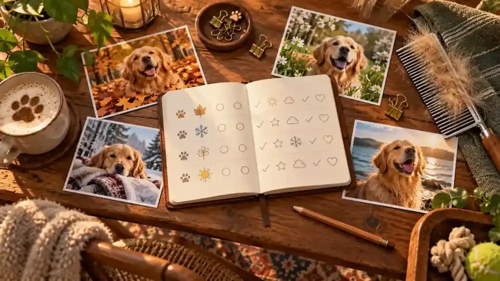 Overhead view of an open grooming notebook beside a comb and loose dog fur, with an owner's hand writing observations and a glossy Golden Retriever standing near a sunlit garden window.