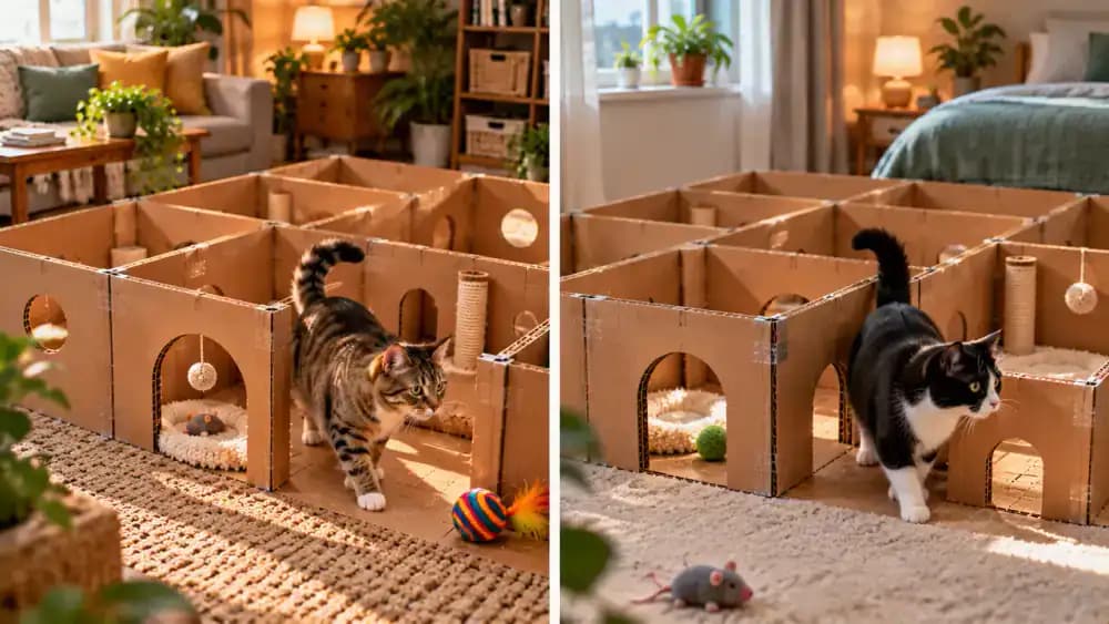 Tabby and black-and-white cats shown near a cardboard maze, with an overhead example of a blocked passage and separate supervised exploration sessions arranged by their owner.
