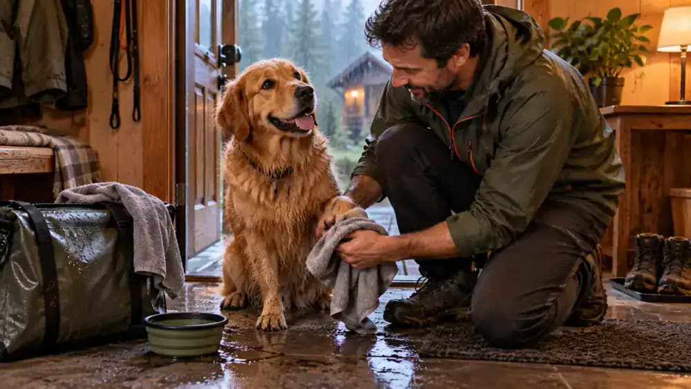 Owner drying wet dog paws with a travel towel beside a waterproof storage bag