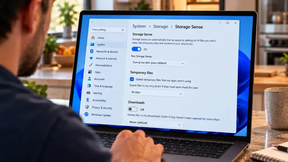 Windows 11 laptop displaying Settings > System > Storage > Storage Sense, with automatic cleanup options visible and the Downloads deletion setting left at Never.