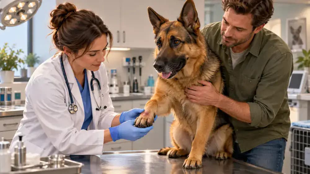 Veterinarian wearing medical gloves gently examining the swollen, slightly reddened front paw of a German shepherd while its concerned owner provides reassurance in a clean examination room.