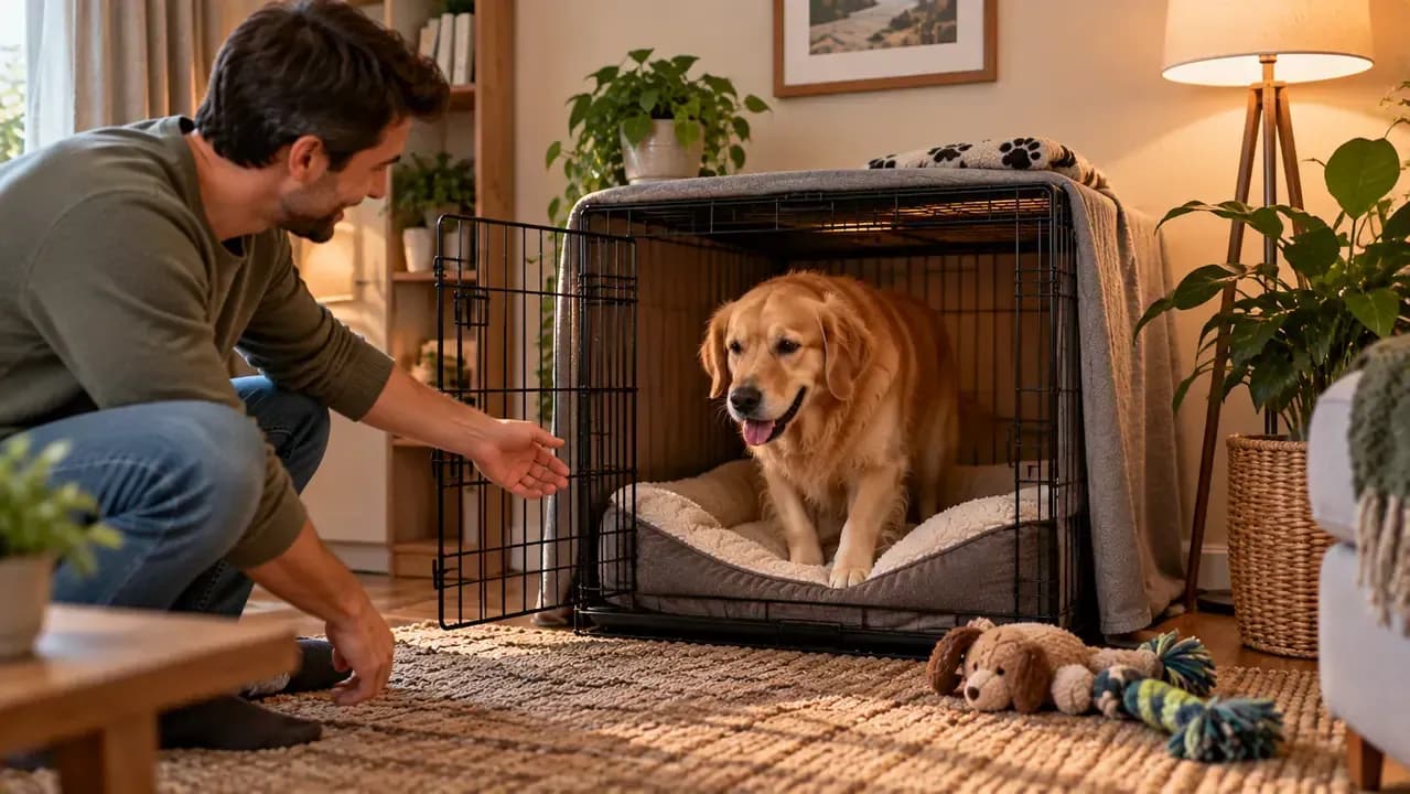 Relaxed dog voluntarily lying inside an open crate with comfortable bedding