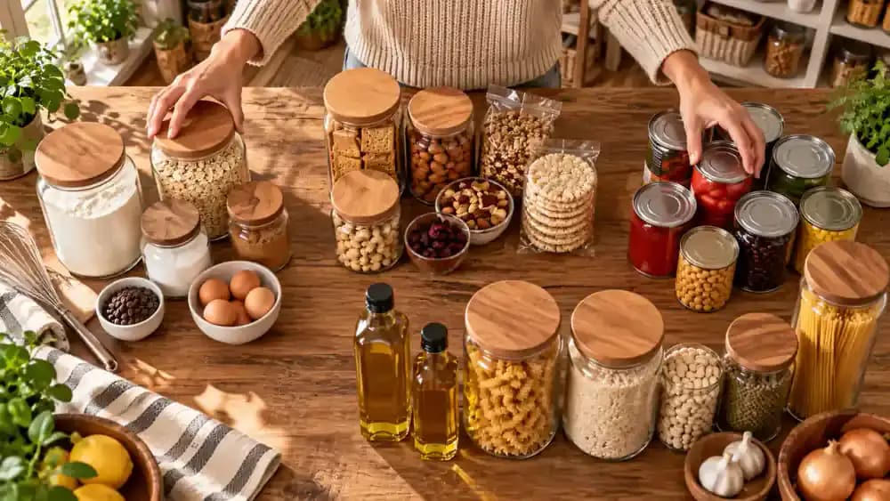 Overhead view of a bright kitchen countertop with four separate groups of pantry items: baking supplies, packaged snacks, labeled canned goods, and everyday cooking essentials, with an empty clean pantry shelf in the background.